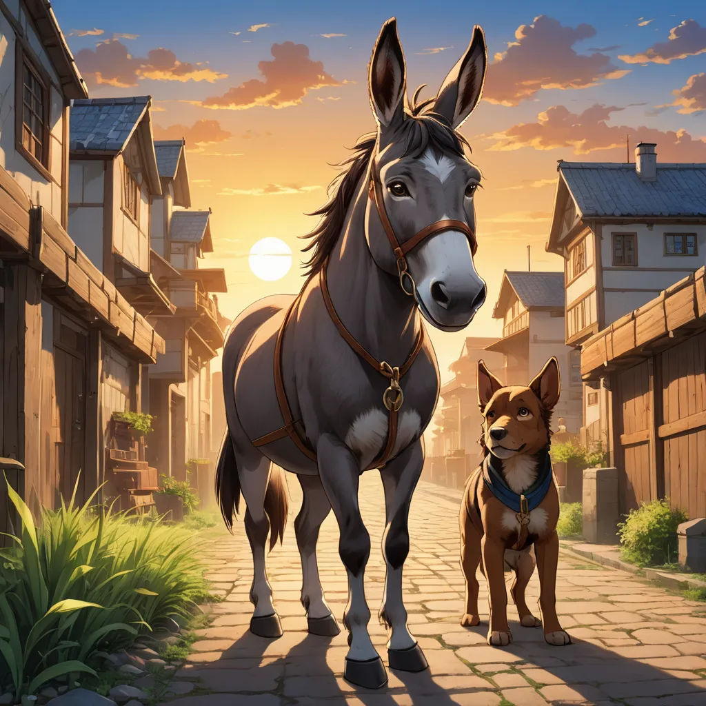 a dog and a horse standing on a cobblestone road in front of a house at sunset with a sunset in the background, furry art, a storybook illustration, Chris LaBrooy, official art