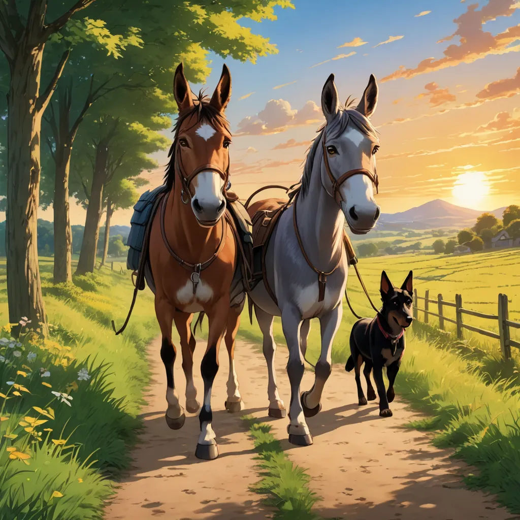 a painting of two horses and a dog on a path in a field with trees and grass, with a sunset in the background, american scene painting, a detailed matte painting, Brothers Hildebrandt, official art