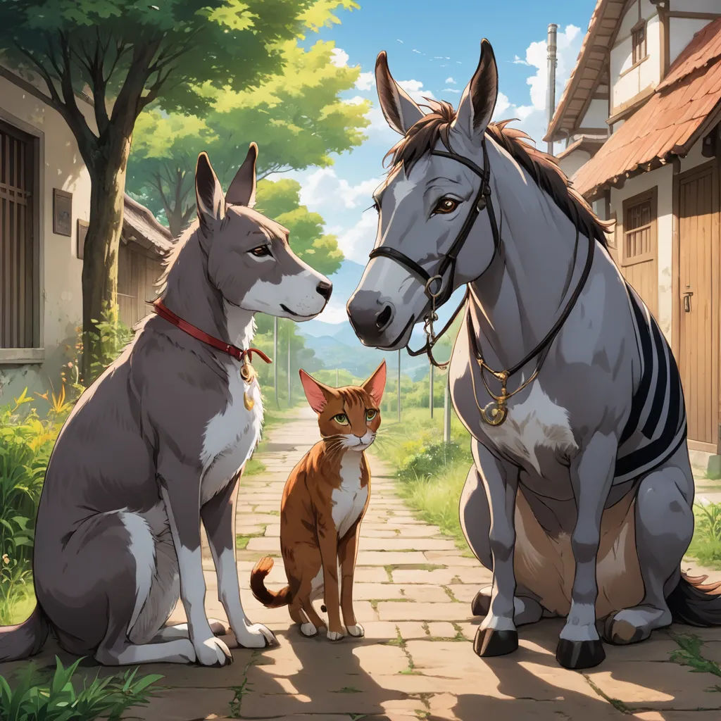 a cat and a horse sitting on a brick road next to a house and a horse standing next to a dog, furry art, a storybook illustration, Florence Engelbach, official art