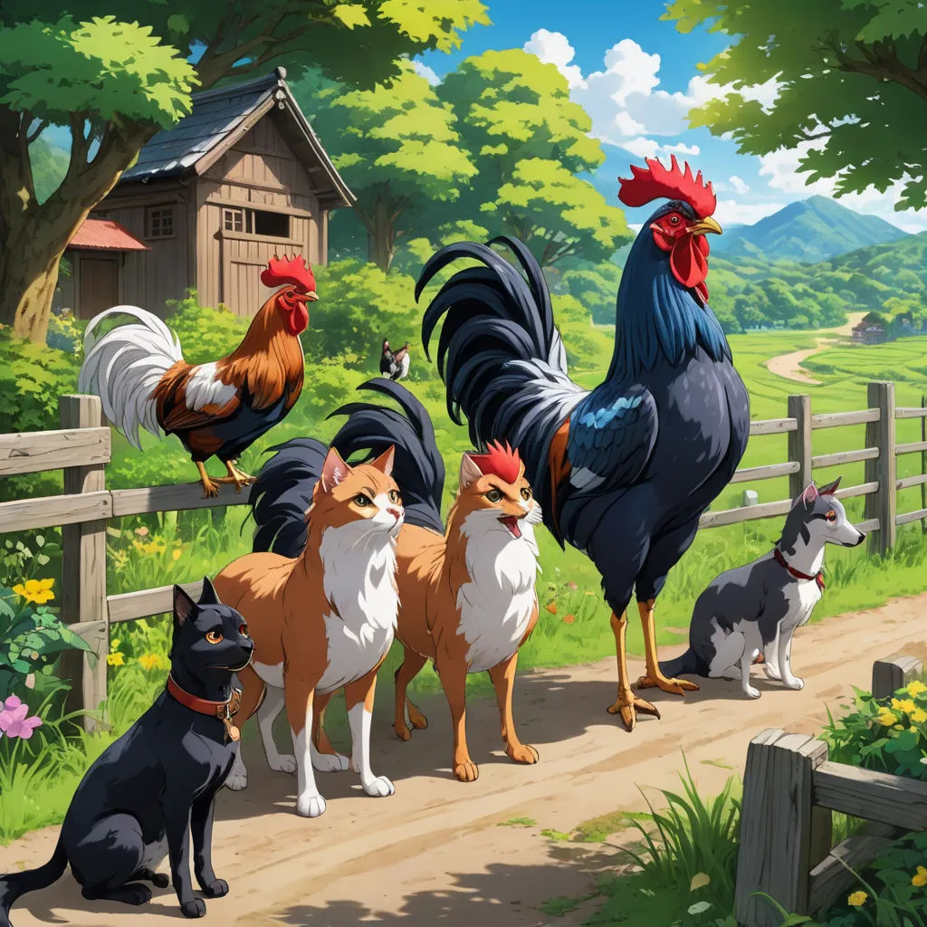 a group of animals standing on a dirt road next to a fence and a wooden fence with a chicken on it, furry art, a storybook illustration, Chris LaBrooy, official art