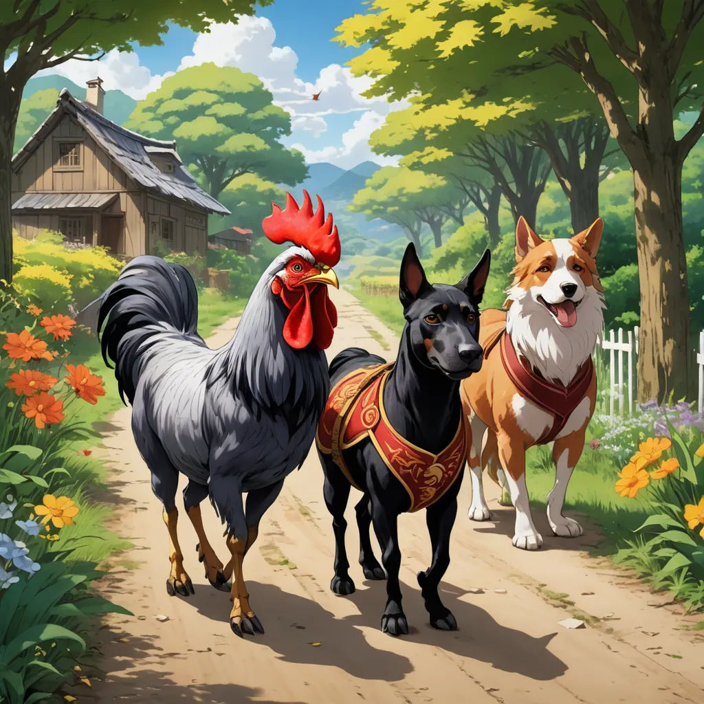 a painting of two dogs and a rooster on a dirt road in a rural area with flowers and trees, furry art, a storybook illustration, Chris LaBrooy, key art