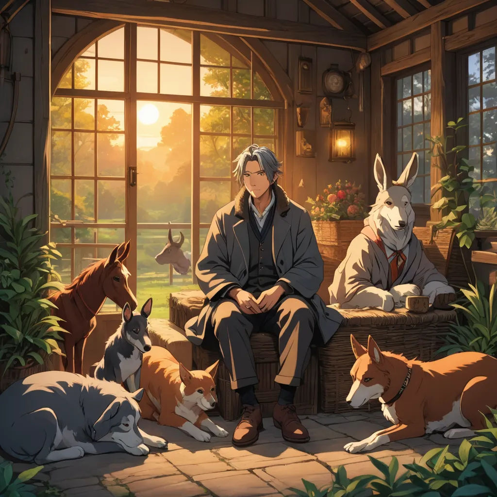 a man sitting on a bench surrounded by dogs and cats in a room with a large window and a dog sitting on a chair, furry art, an album cover, David Brewster, official art