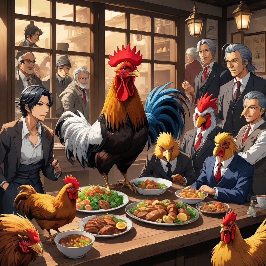 a group of people standing around a table with plates of food and chickens on it, and a rooster standing next to them, fantastic realism, a comic book panel, Akihiko Yoshida, official art