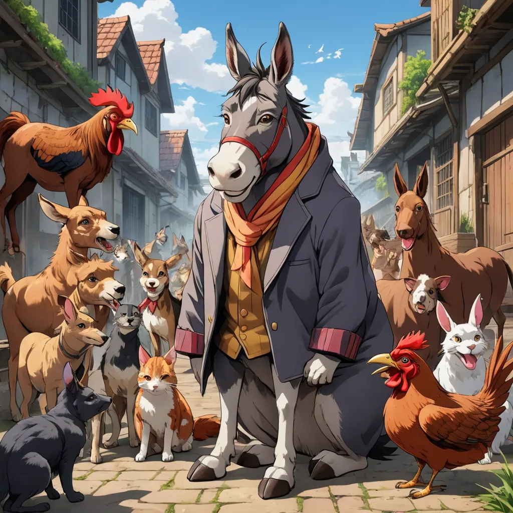 a man in a suit surrounded by dogs and chickens in a cartoon style scene of a town with a donkey, a donkey, a dog, a horse, a chicken, a dog, and a dog, furry art, a storybook illustration, David Teniers III, official art