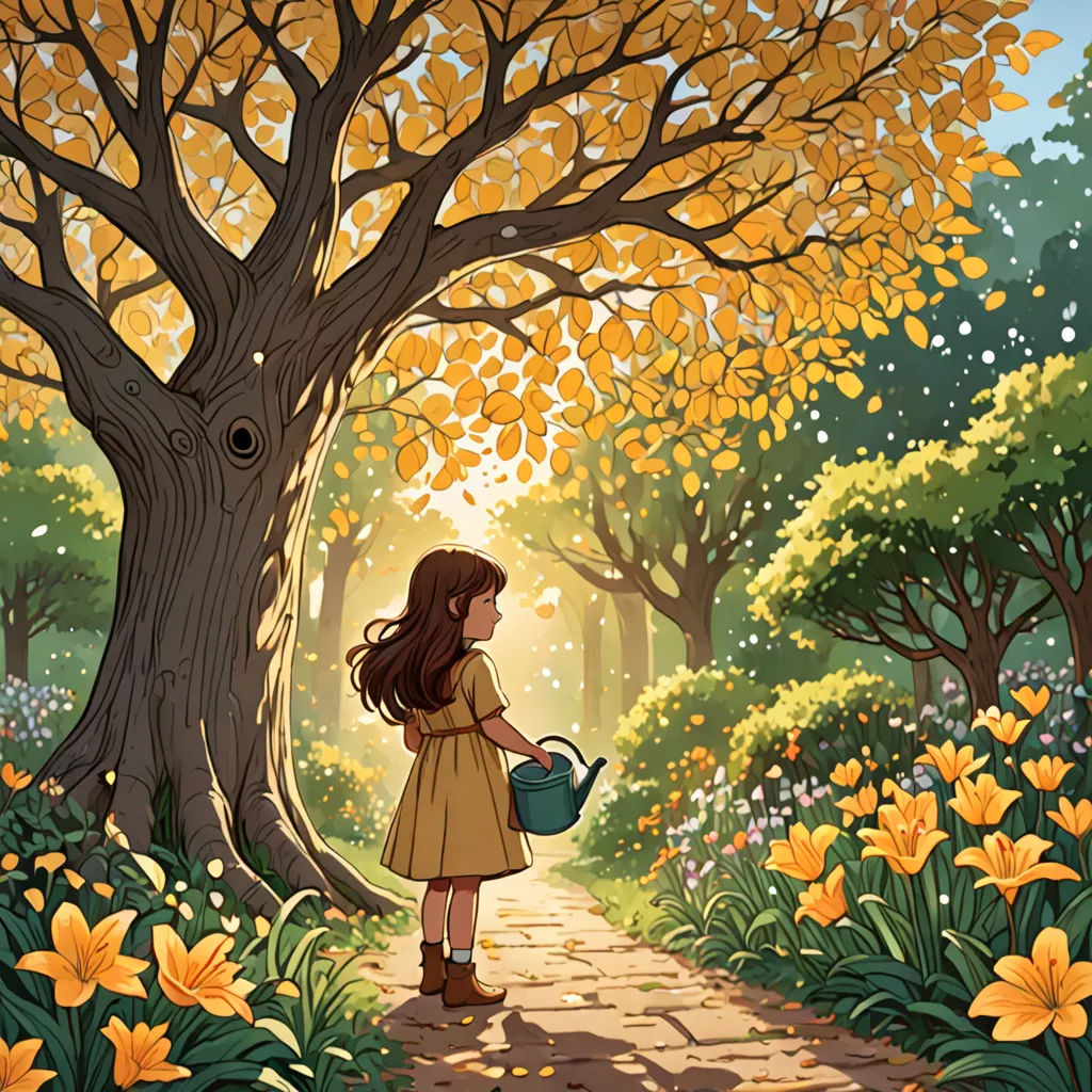a painting of a girl in a yellow dress holding a watering can in a park with yellow flowers and a tree, context art, a storybook illustration, Cliff Childs, rossdraws global illumination