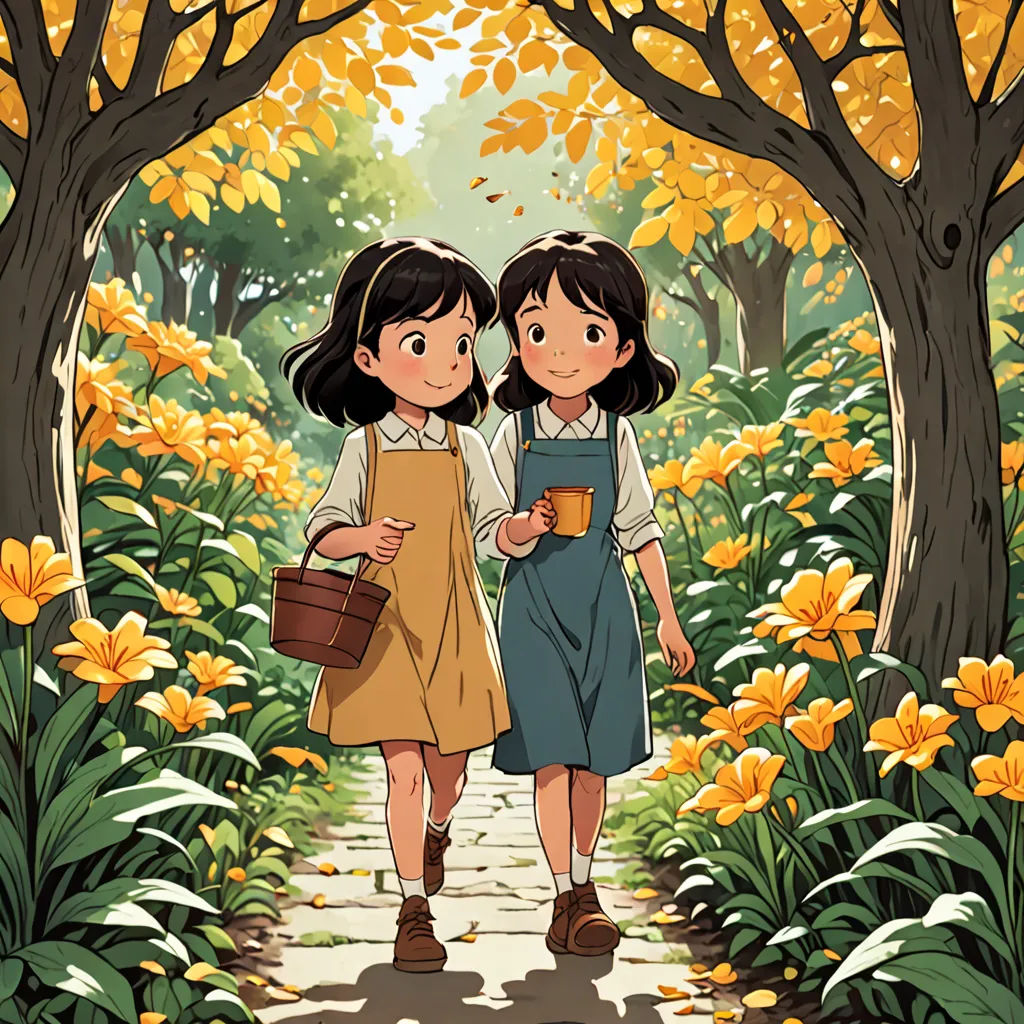 two girls walking down a path in a forest with flowers and trees around them, one holding a cup of coffee, serial art, a storybook illustration, Anne Said, official art