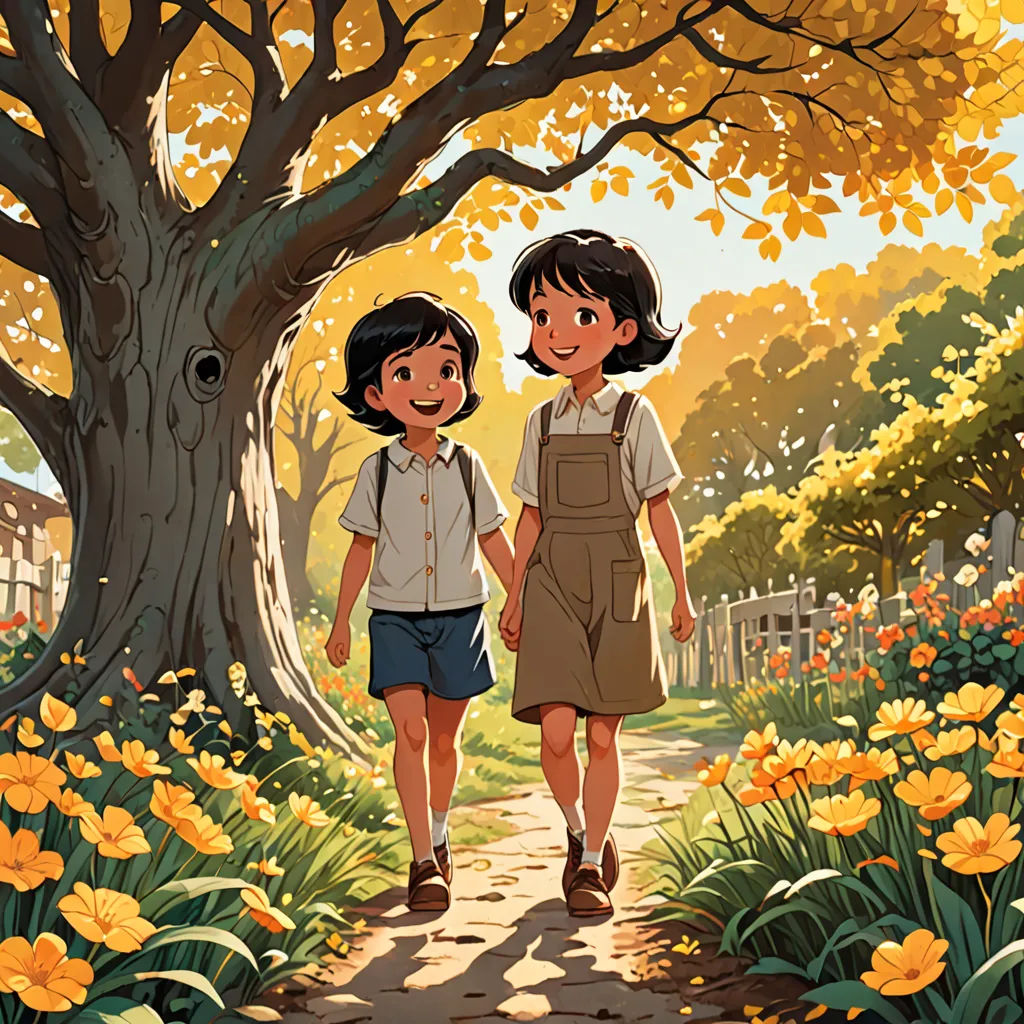 two children walking down a path in a park with flowers and trees in the background, with a tree in the foreground, american scene painting, a storybook illustration, Brothers Hildebrandt, official art