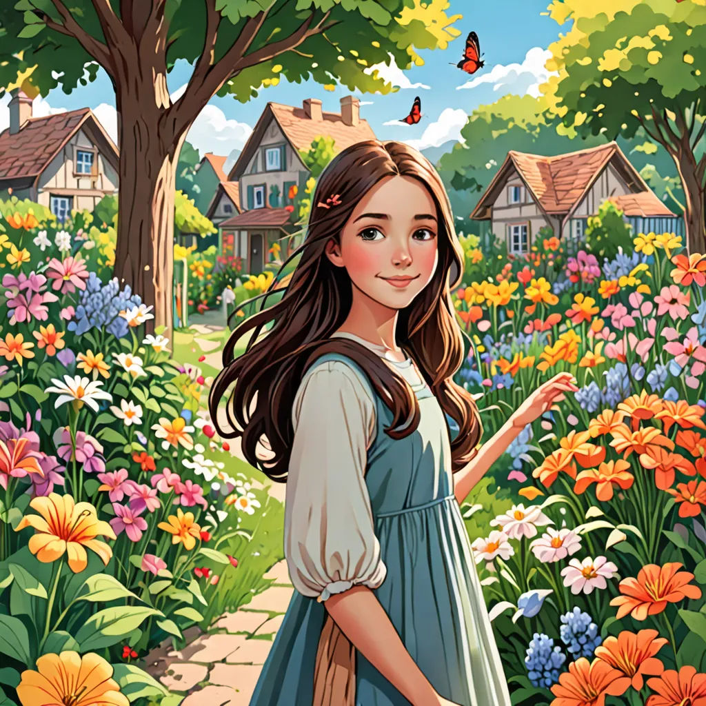 a girl in a garden with flowers and a butterfly flying overhead, with a house in the background and a butterfly flying overhead, fantasy art, a storybook illustration, Colin Middleton, comic cover art