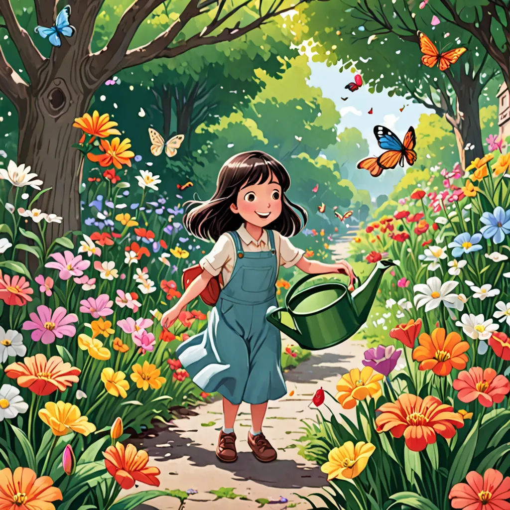 a girl watering flowers in a garden with butterflies flying overhead and a butterfly in the background, with a path leading to a butterfly - shaped tree, environmental art, a storybook illustration, Alice Prin, official art