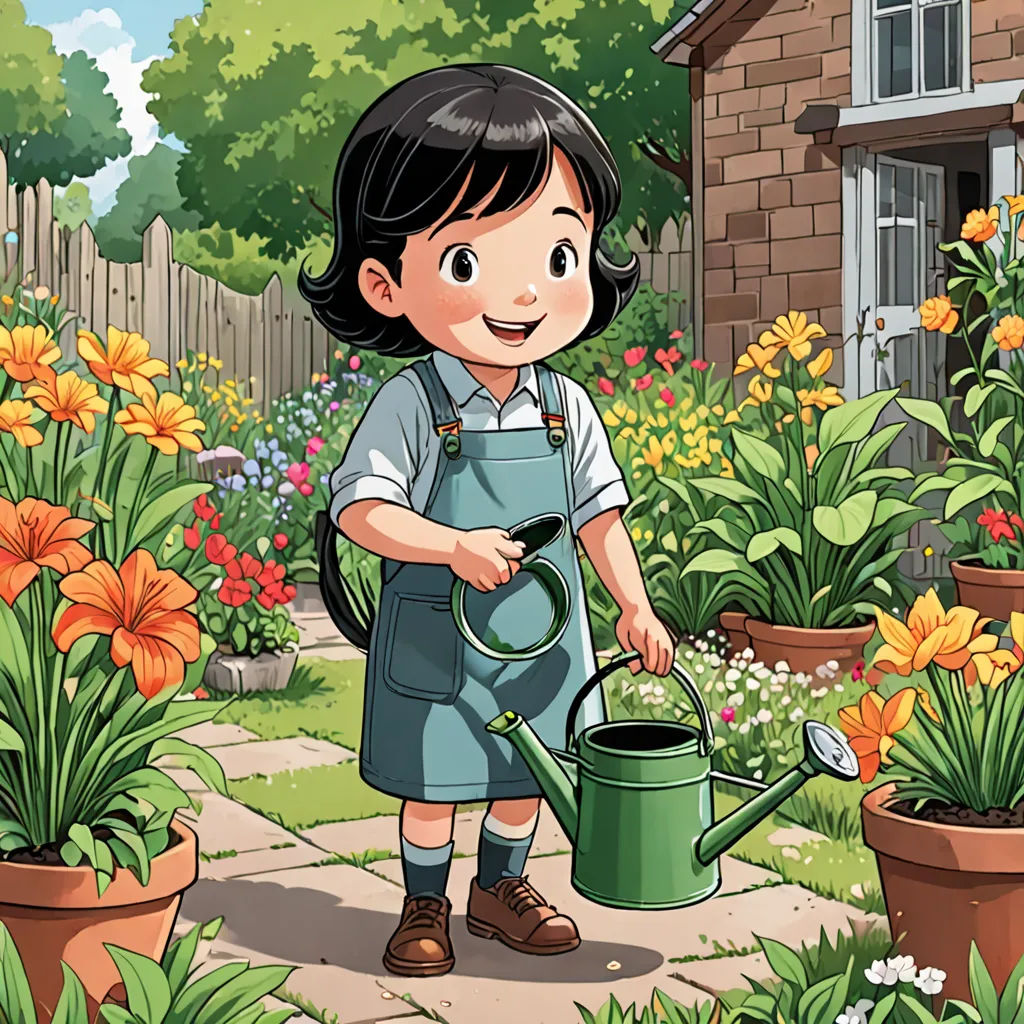 a girl watering flowers in a garden with a house in the background illustration by alex krapfke, lyco art, a storybook illustration, Esther Blaikie MacKinnon, official art