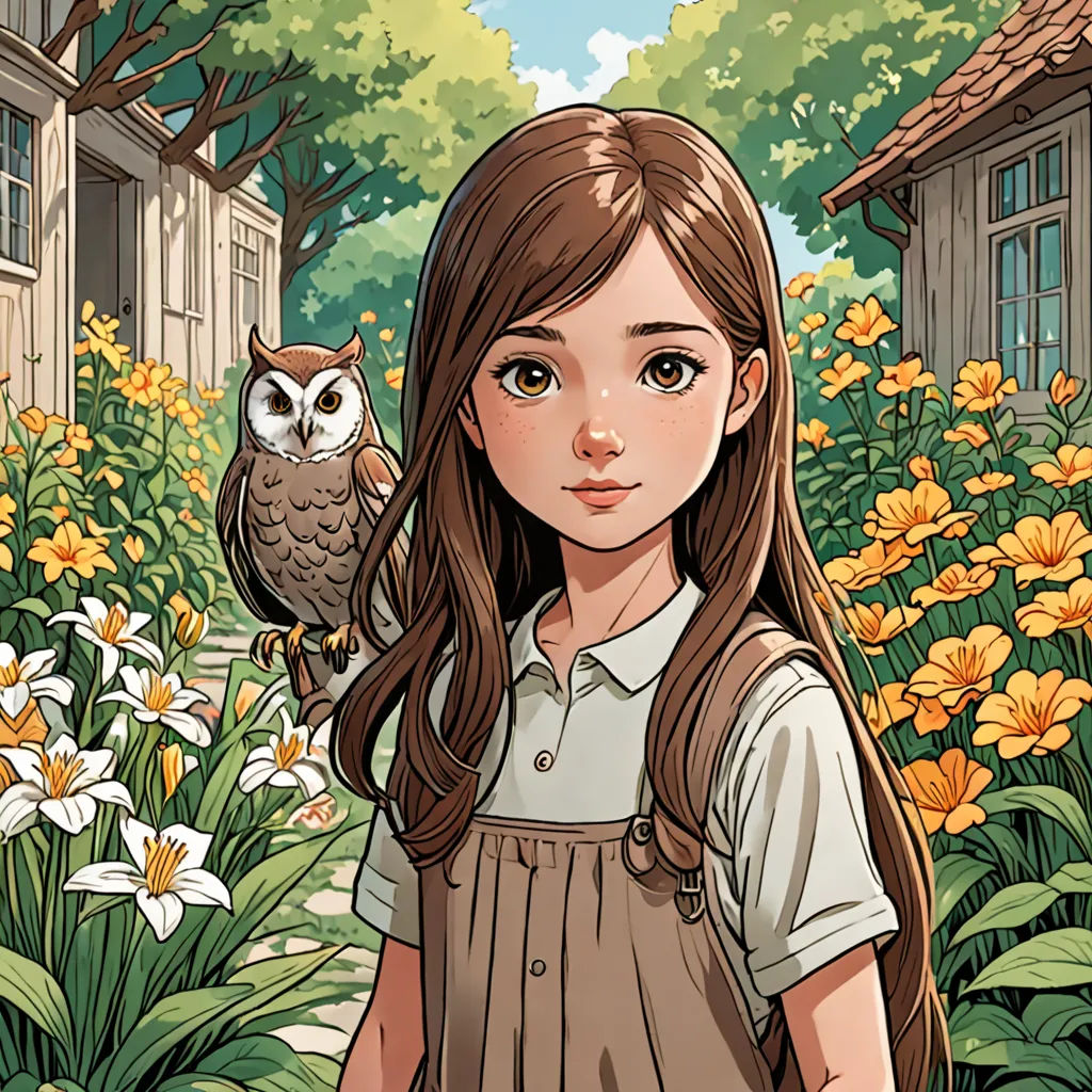 a girl with an owl on her shoulder in a garden with flowers and buildings in the background, a cartoon style, magical realism, a storybook illustration, Cliff Childs, rossdraws global illumination