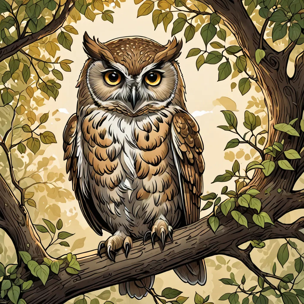 a drawing of an owl sitting on a tree branch with leaves around it's edges and eyes open, fantasy art, a storybook illustration, Dan Mumford, josan gonzales and dan mumford