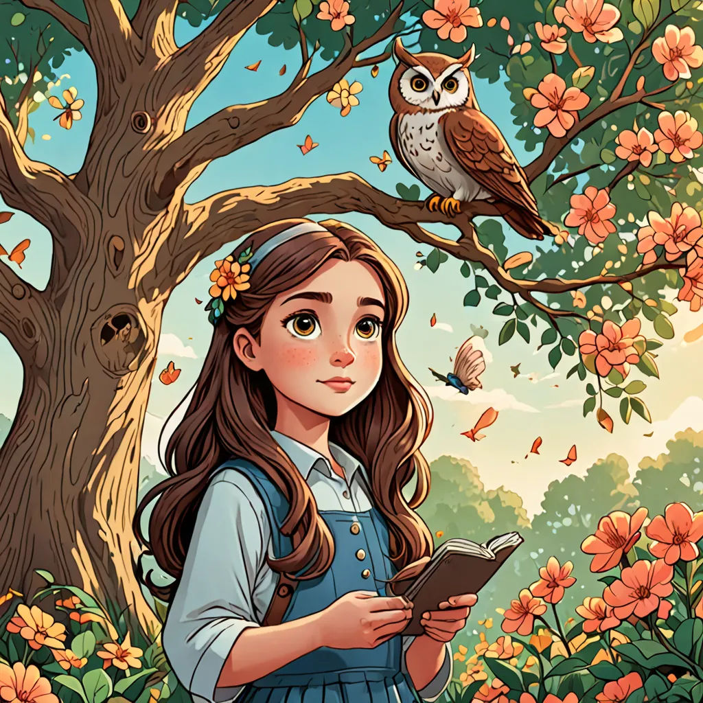 a girl is standing under a tree with an owl on her shoulder and a book in her hand, in front of a tree with orange flowers, fantasy art, a storybook illustration, Colin Middleton, storybook illustration