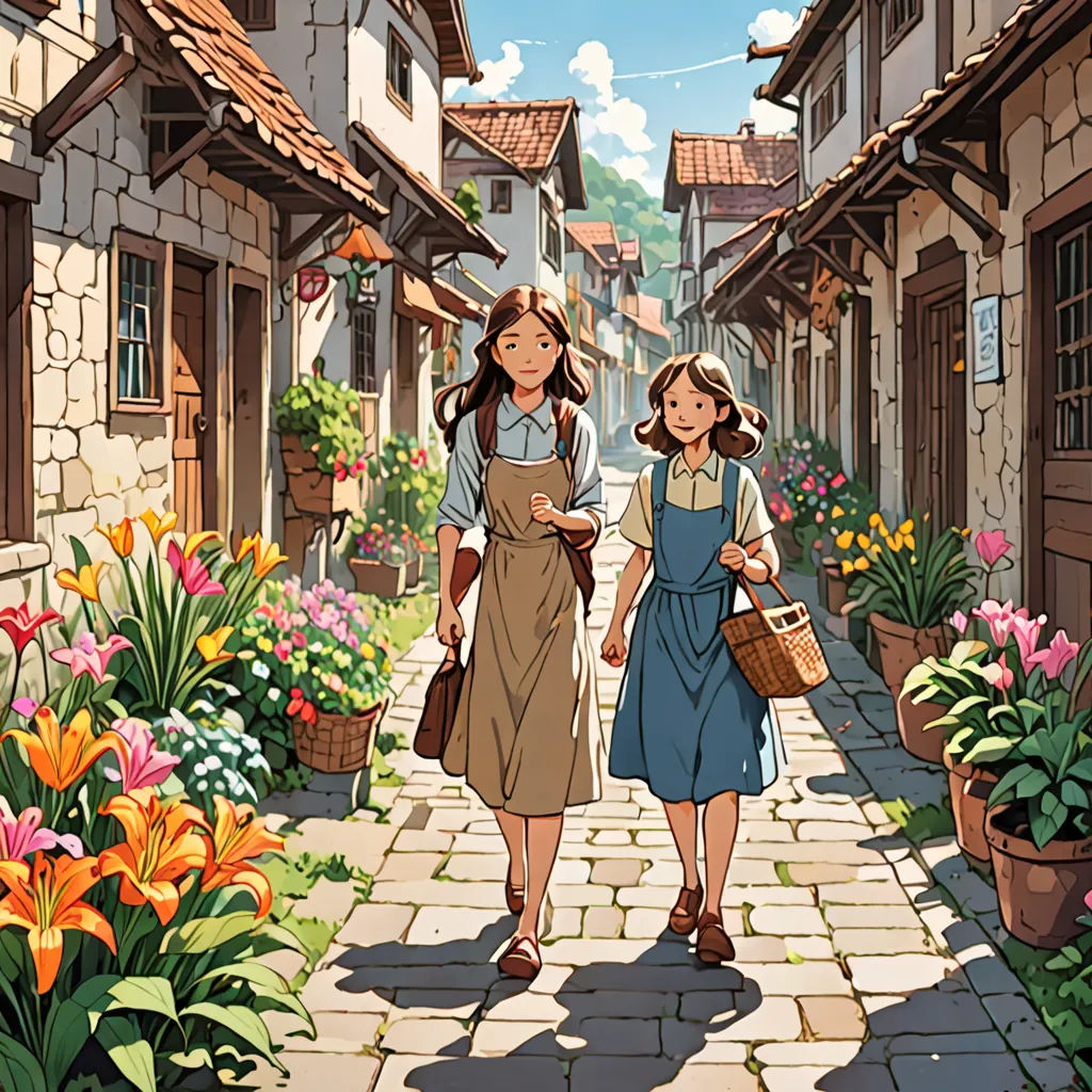 two women walking down a street next to flowers and buildings with flowers in the foreground and a sky background, american scene painting, poster art, Brothers Hildebrandt, official art