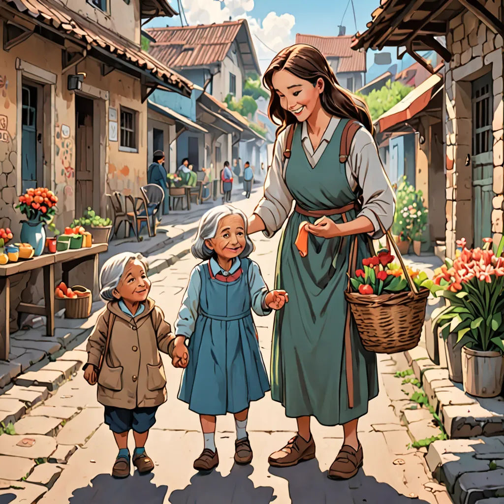 a woman and two children are walking down a street with a basket of flowers in hand and a man holding a carrot, american scene painting, a storybook illustration, Evgeny Lushpin, official art
