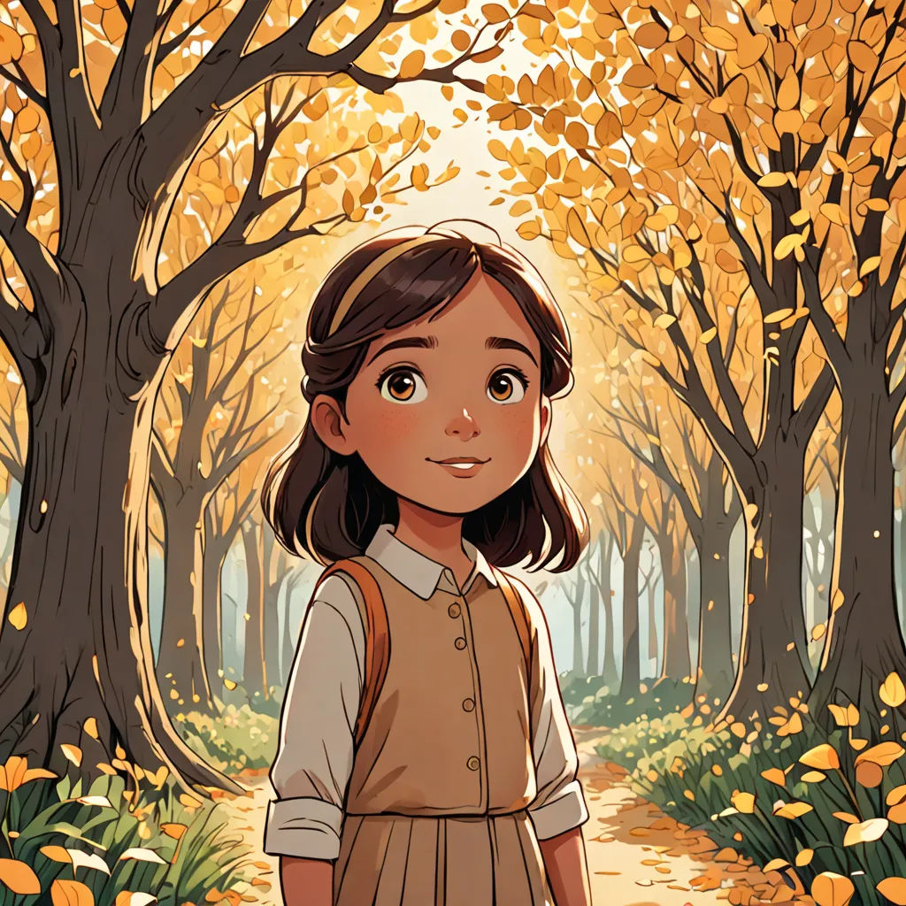 a girl standing in a forest with trees and leaves on the ground and a path leading to the woods, process art, a storybook illustration, Atey Ghailan, comic cover art