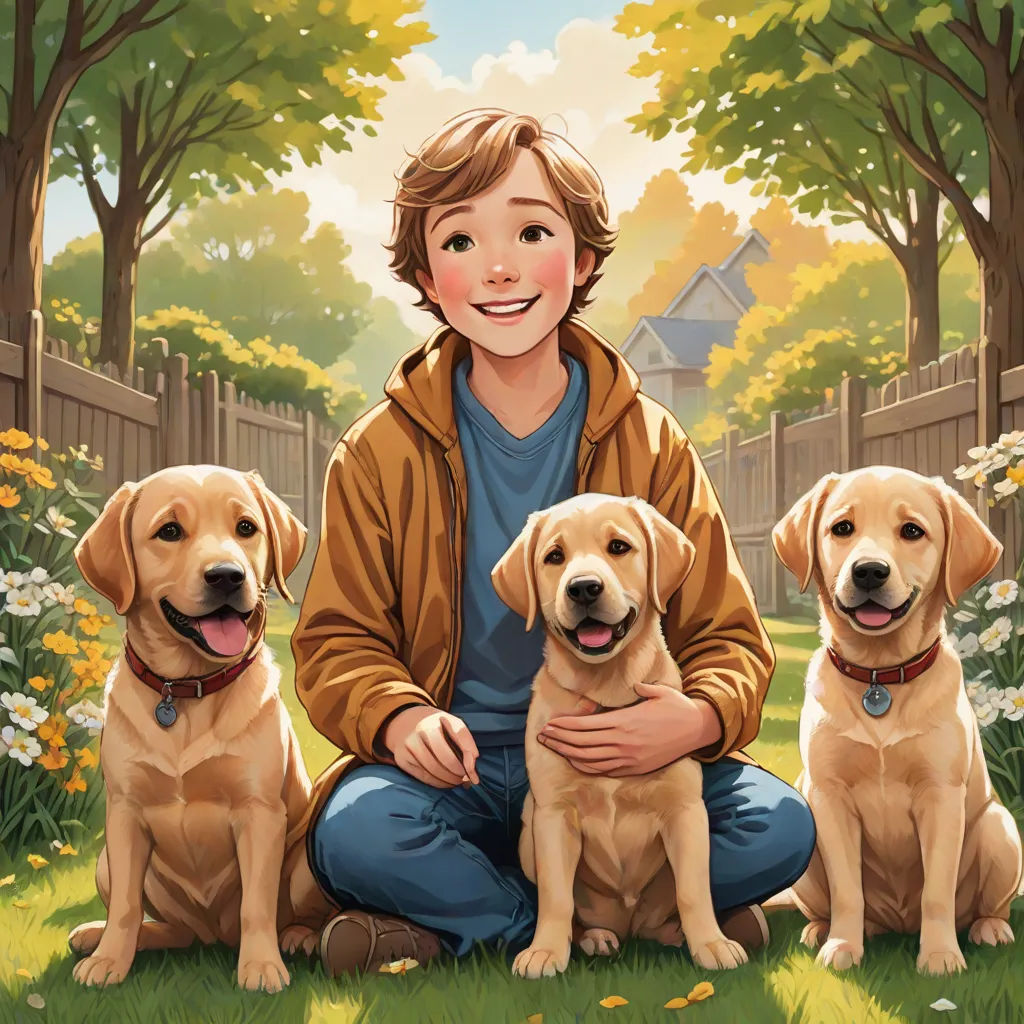a boy sitting in the grass with three dogs in front of him and a fence in the background with flowers, american scene painting, a storybook illustration, Aaron Jasinski, comic cover art