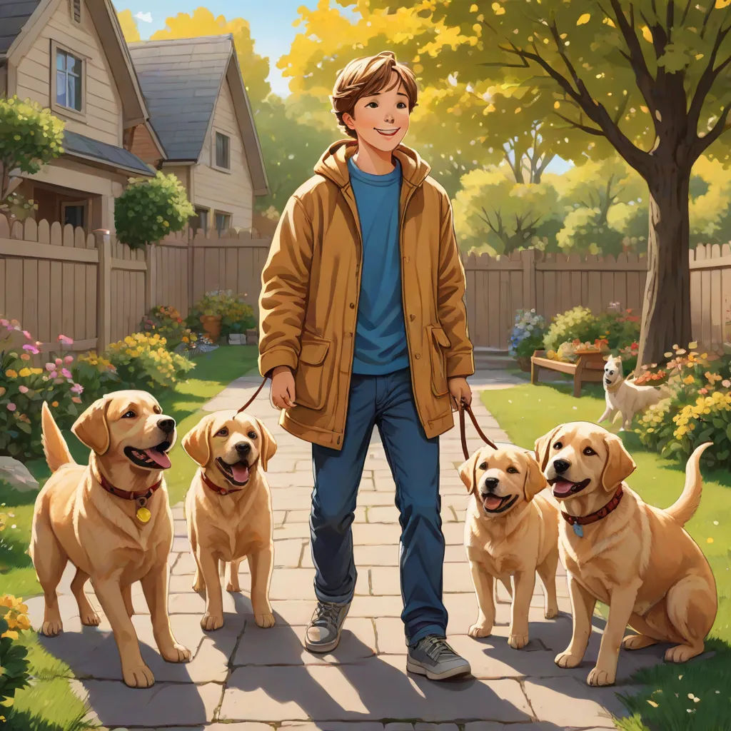 a boy standing with four dogs in front of him and a dog on a leash behind him, and a house in the background, american scene painting, a storybook illustration, Aaron Jasinski, kinkade