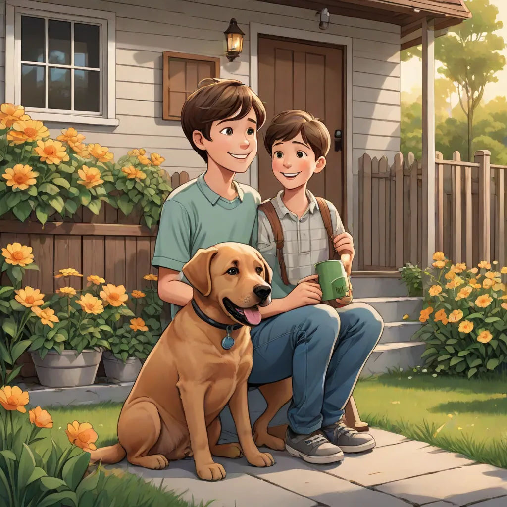 a boy and a boy sitting on a porch with a dog and a house in the background with flowers, american scene painting, a storybook illustration, Brothers Hildebrandt, official art