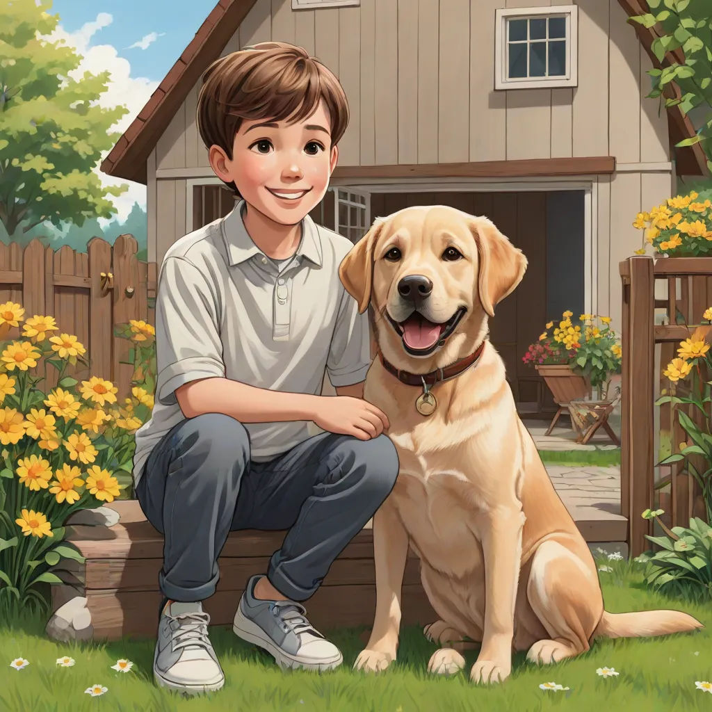 a boy sitting next to a dog in front of a house with flowers and a fence in the background, american scene painting, a storybook illustration, Bob Byerley, official art