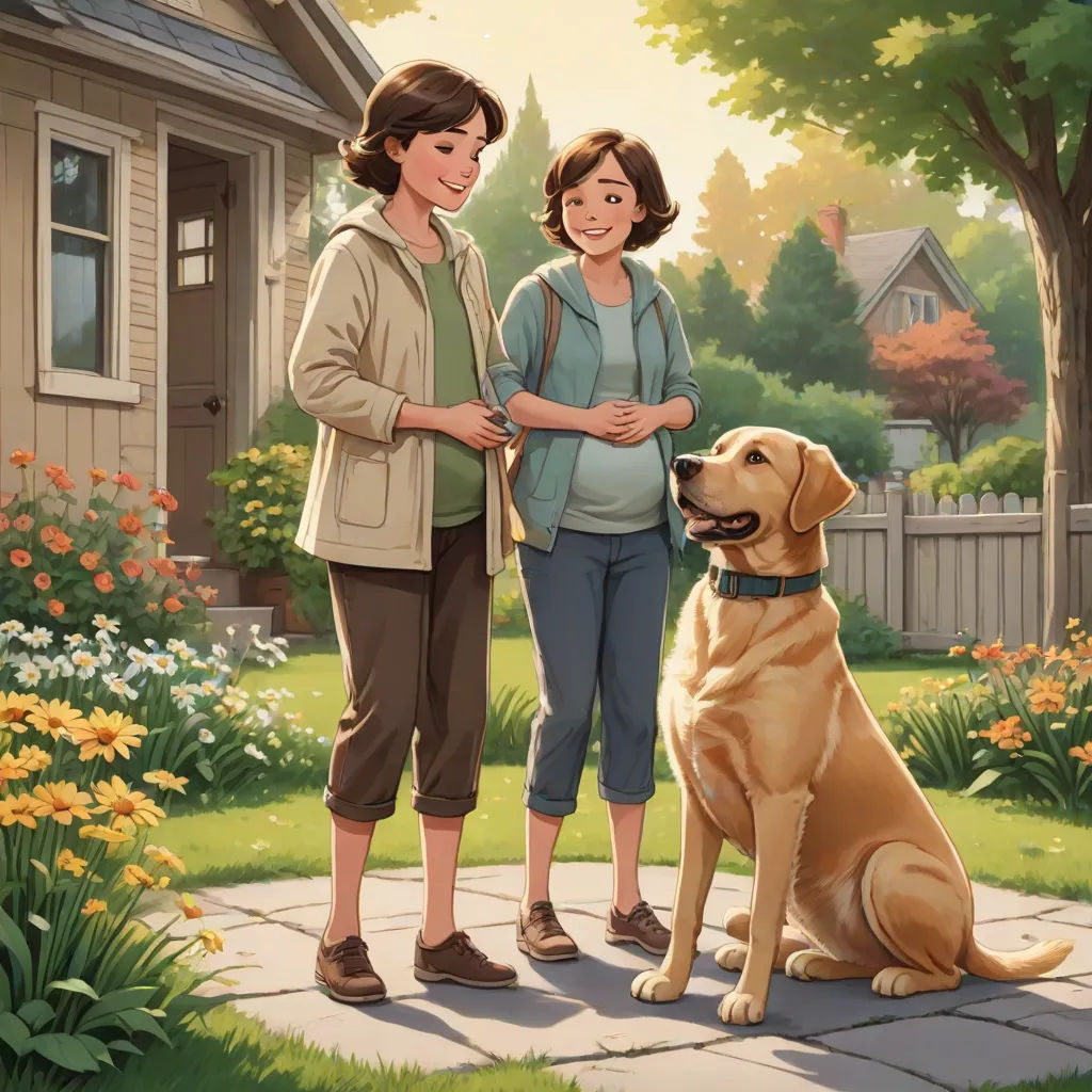 a painting of two women standing next to a dog on a sidewalk in front of a house with a dog sitting on the ground, american scene painting, a storybook illustration, Aaron Jasinski, official art