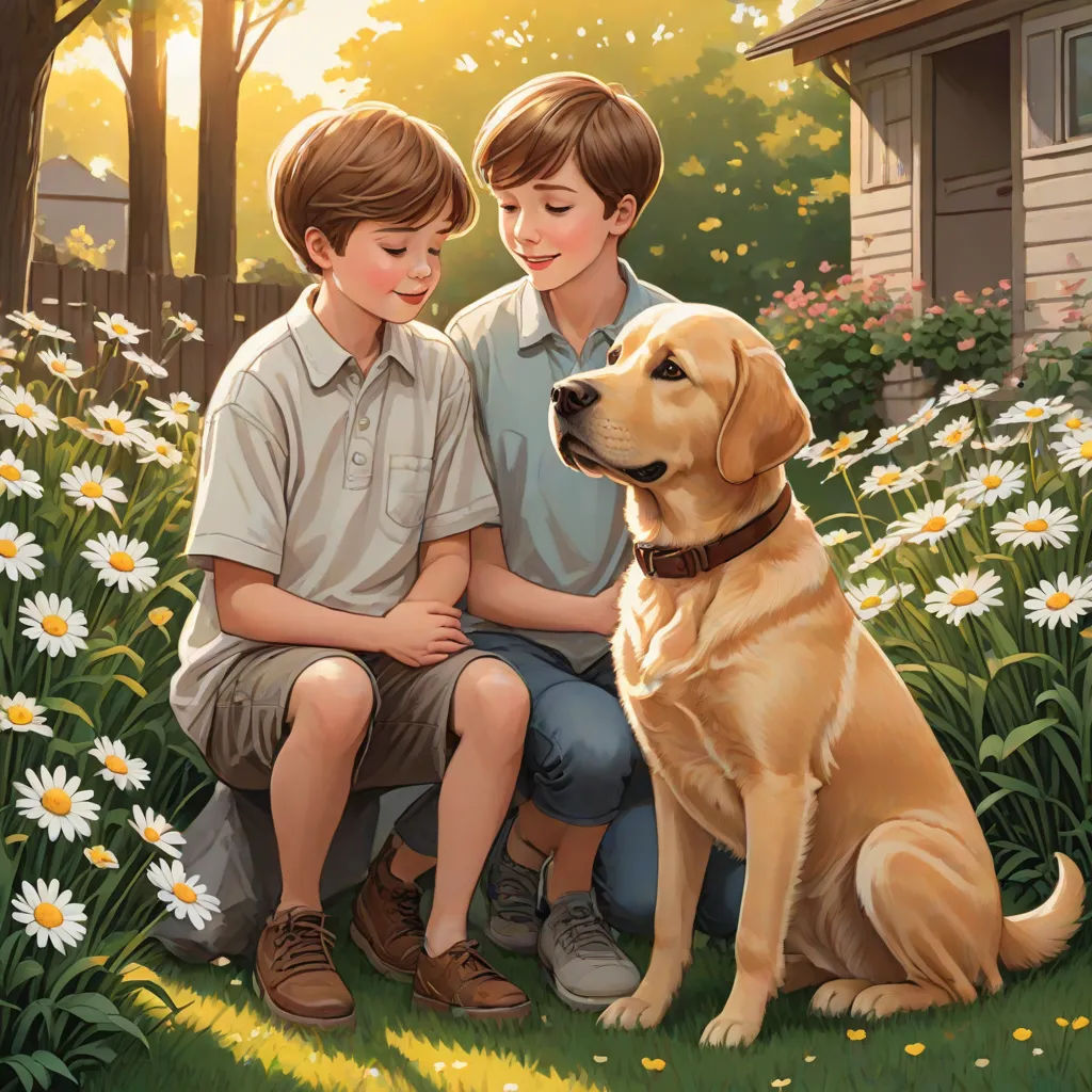a boy and a boy sitting next to a dog in a field of flowers with a house in the background, american scene painting, a storybook illustration, Brothers Hildebrandt, official art