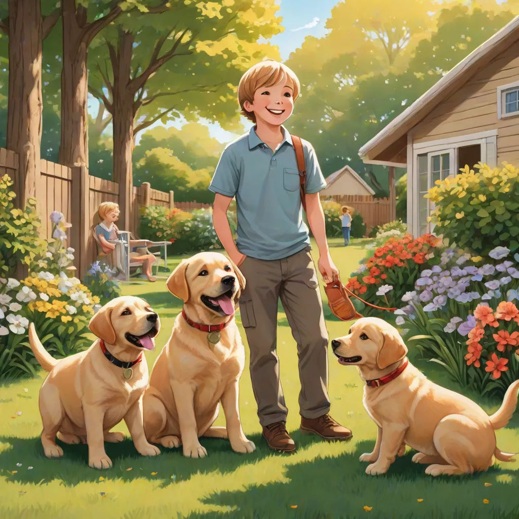 a boy standing in the grass with three dogs in front of him and a house in the background with flowers, american scene painting, a storybook illustration, Aaron Jasinski, official art