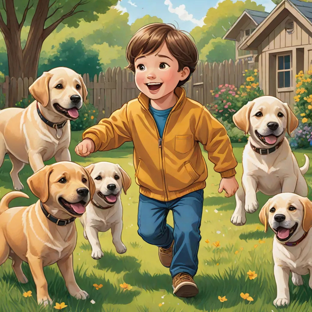a boy running with five dogs in a yard with a house in the background and a dog in the foreground, furry art, a storybook illustration, Aaron Jasinski, storybook illustration
