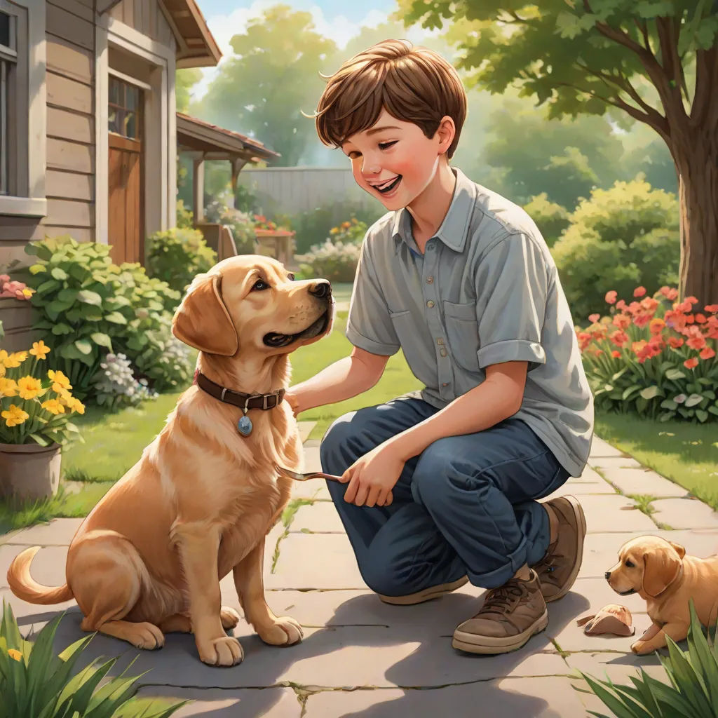 a boy kneeling down next to a dog on a sidewalk with a house in the background and flowers in the foreground, american scene painting, a storybook illustration, Bob Byerley, official art
