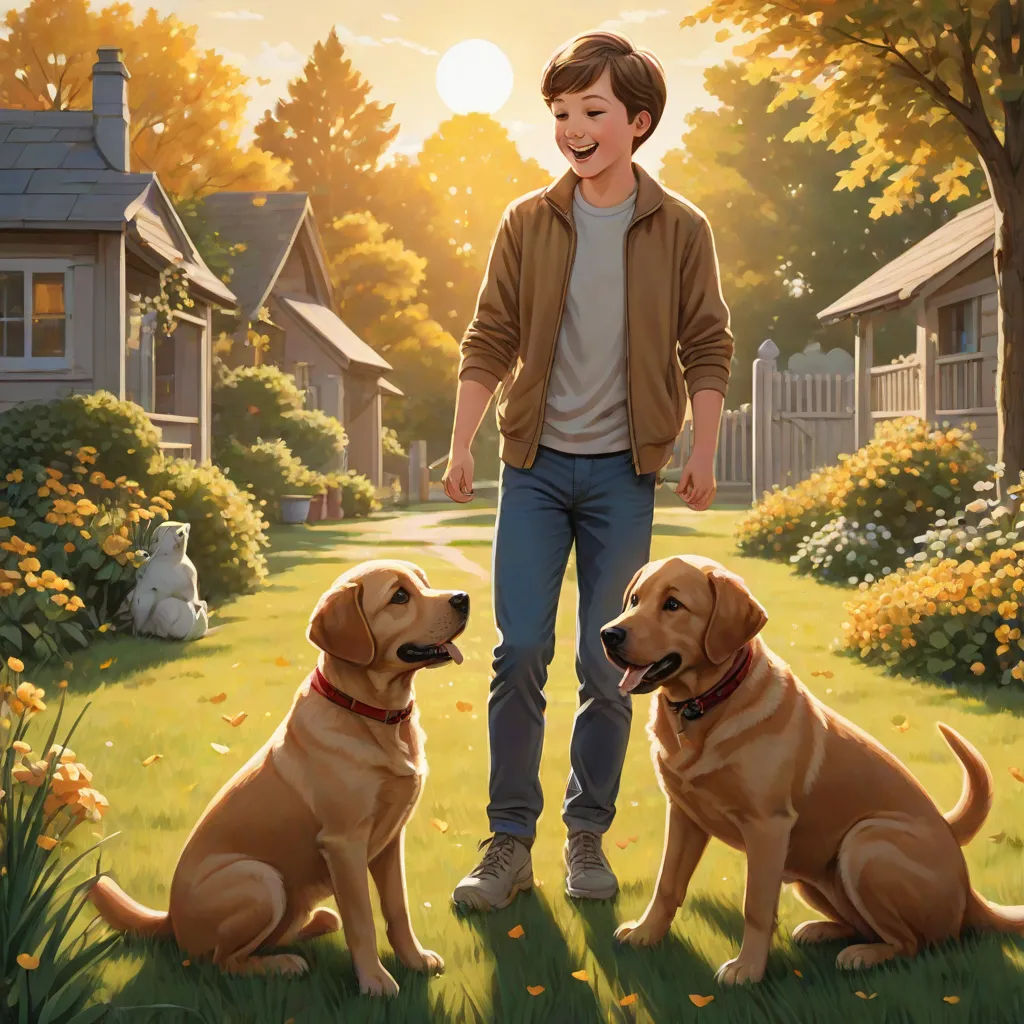 a boy standing next to two dogs in a yard with houses in the background and a dog sitting on the grass, american scene painting, a storybook illustration, Aaron Jasinski, official art