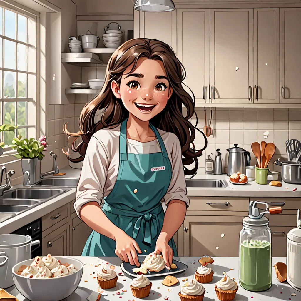 a girl in a kitchen preparing cupcakes for a party or celebration with a green tea in a glass, american scene painting, a stock photo, Constance Gordon-Cumming, official art
