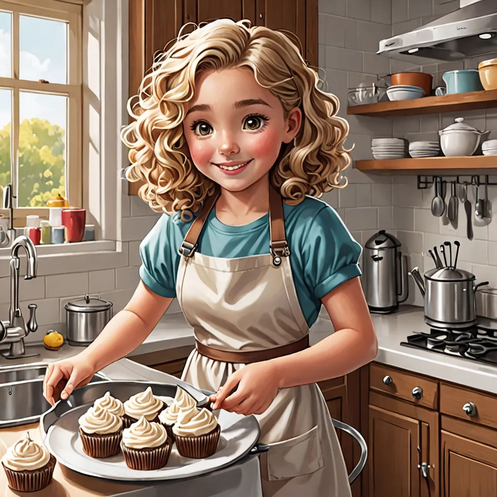 a girl in a kitchen with cupcakes on a plate and a pot of cupcakes on the counter, american scene painting, a storybook illustration, Bob Byerley, highly detailed digital painting