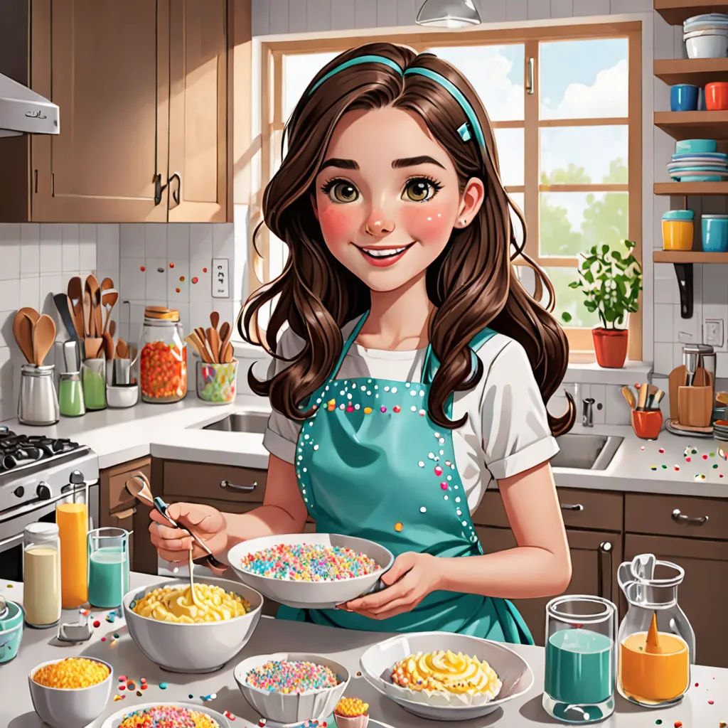 a girl in a kitchen holding a bowl of cereal and a bowl of cereal in front of her on a counter, photorealism, a storybook illustration, Dorothy Hood, highly detailed digital painting