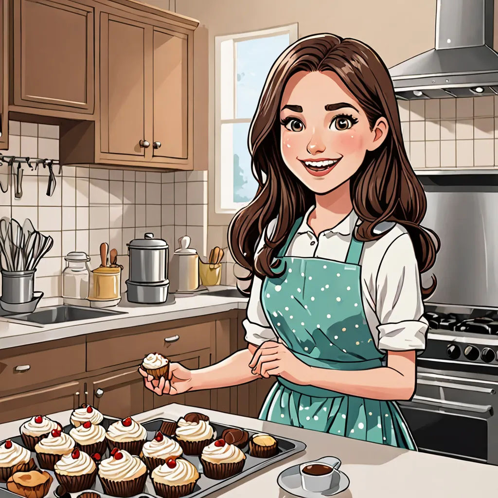 a woman in a kitchen with cupcakes on a tray and a stove top oven with a pot of coffee, sots art, a character portrait, Anne Said, game art