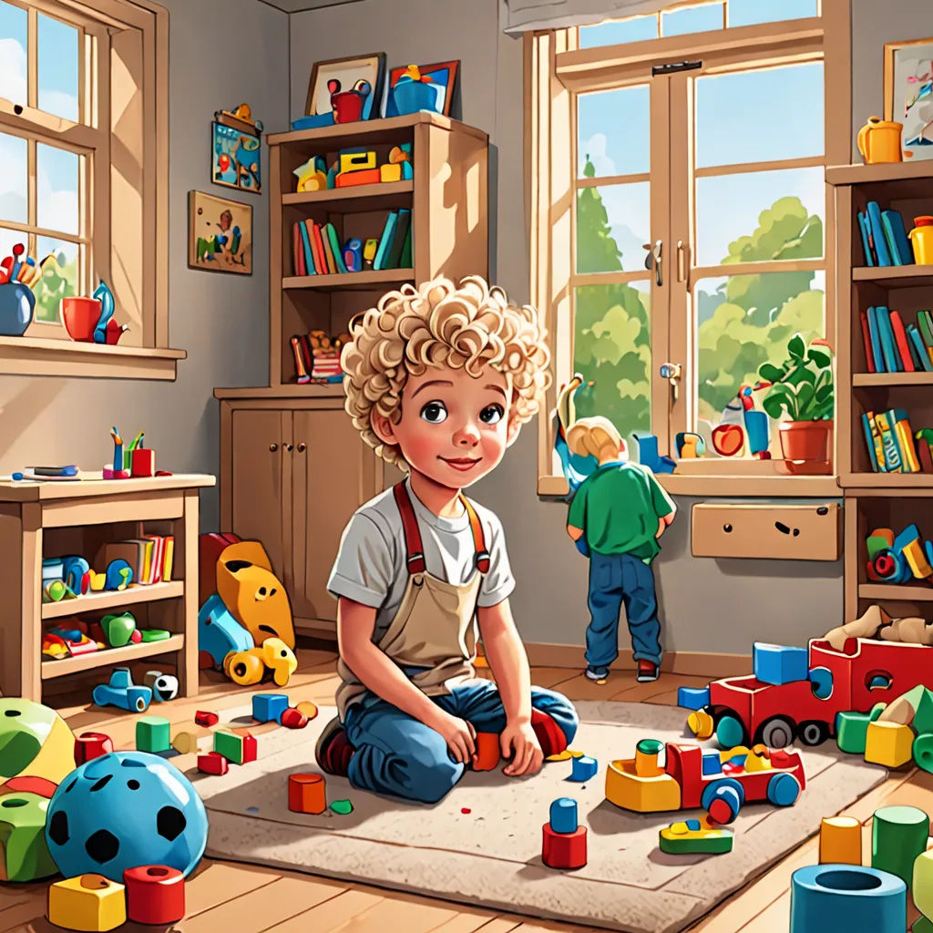 a child playing with toys in a room with a window and a rug on the floor and a man in the background, photorealism, a storybook illustration, Chris LaBrooy, highly detailed digital painting