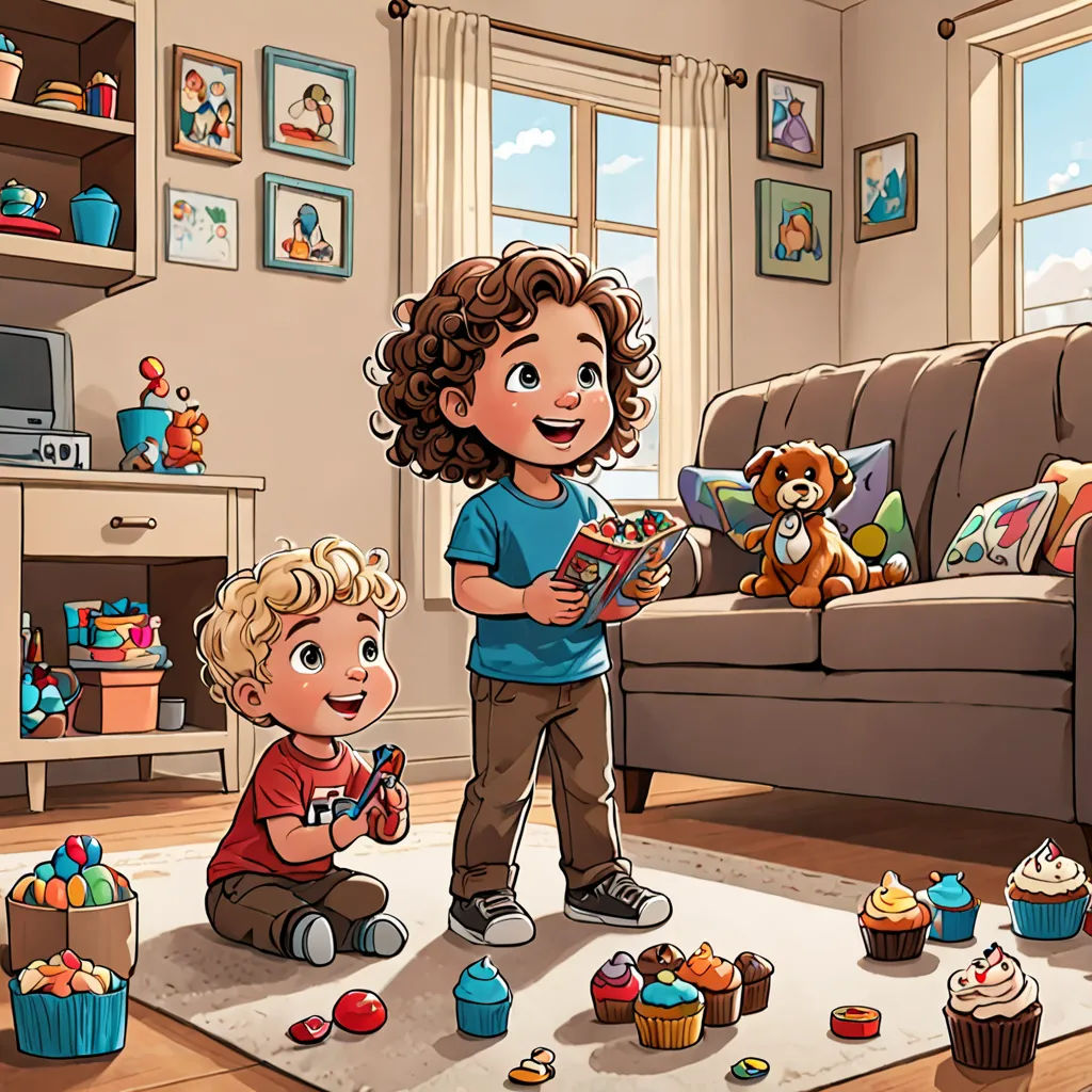 a boy and a girl are playing with toys in a living room with a couch and a teddy bear, american scene painting, a storybook illustration, Diego Gisbert Llorens, storybook illustration