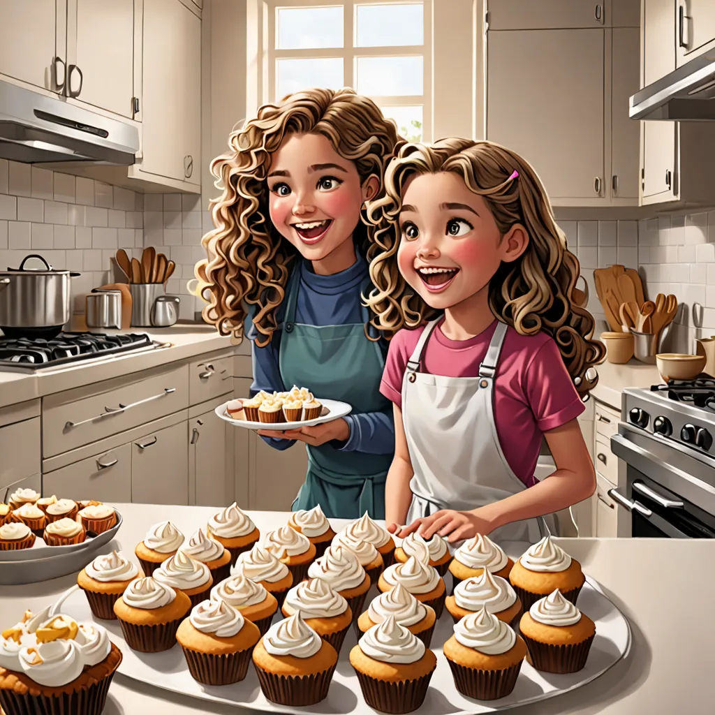 a woman and a girl are standing in a kitchen with cupcakes on a plate and a tray of cupcakes on the counter, photorealism, a storybook illustration, Alejandro Burdisio, highly detailed digital painting
