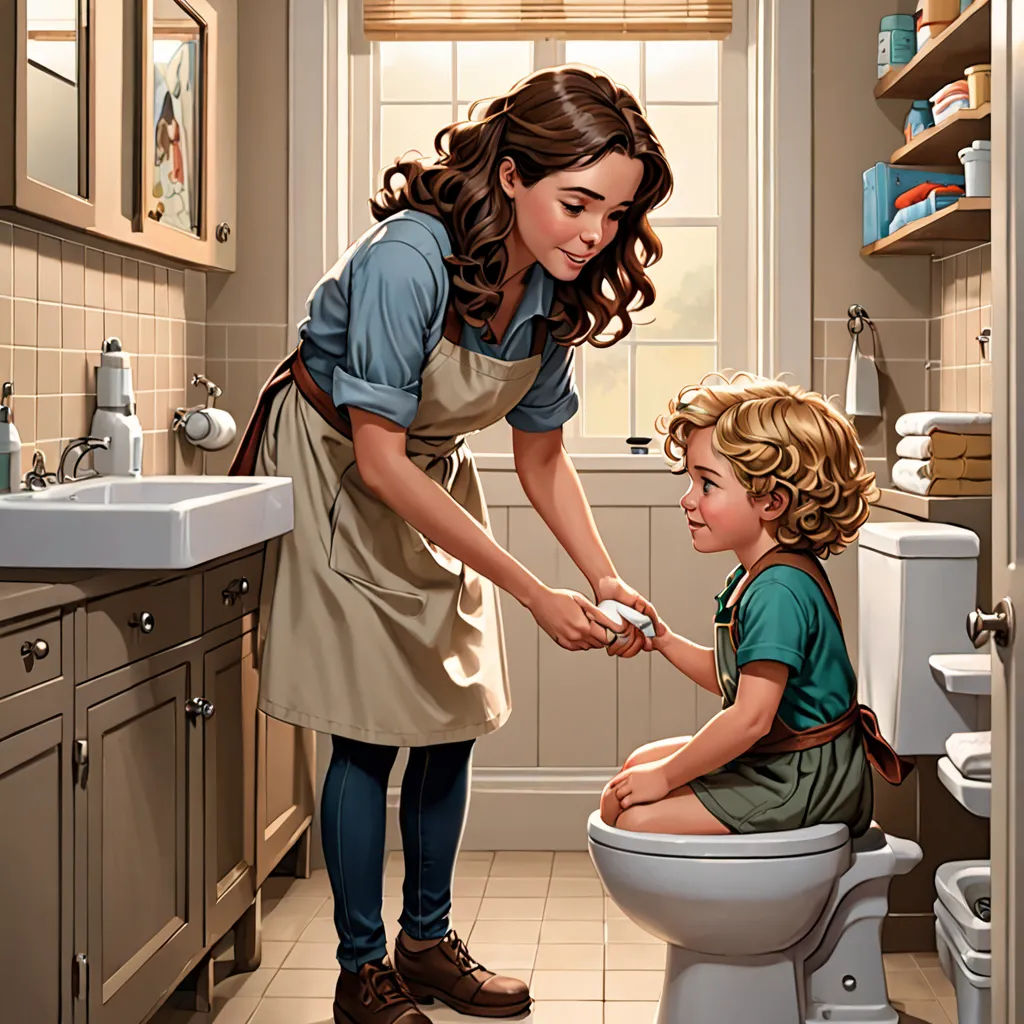 a woman is helping a child to use a toilet in a bathroom with a sink and a window behind it, american scene painting, a storybook illustration, F Scott Hess, ultra realistic illustration
