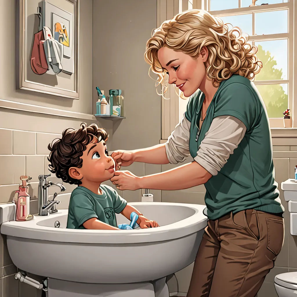 a woman brushing a child's teeth in a bathroom sink with a window behind it and a child sitting on the sink, photorealism, a storybook illustration, Elizabeth Forbes, storybook illustration