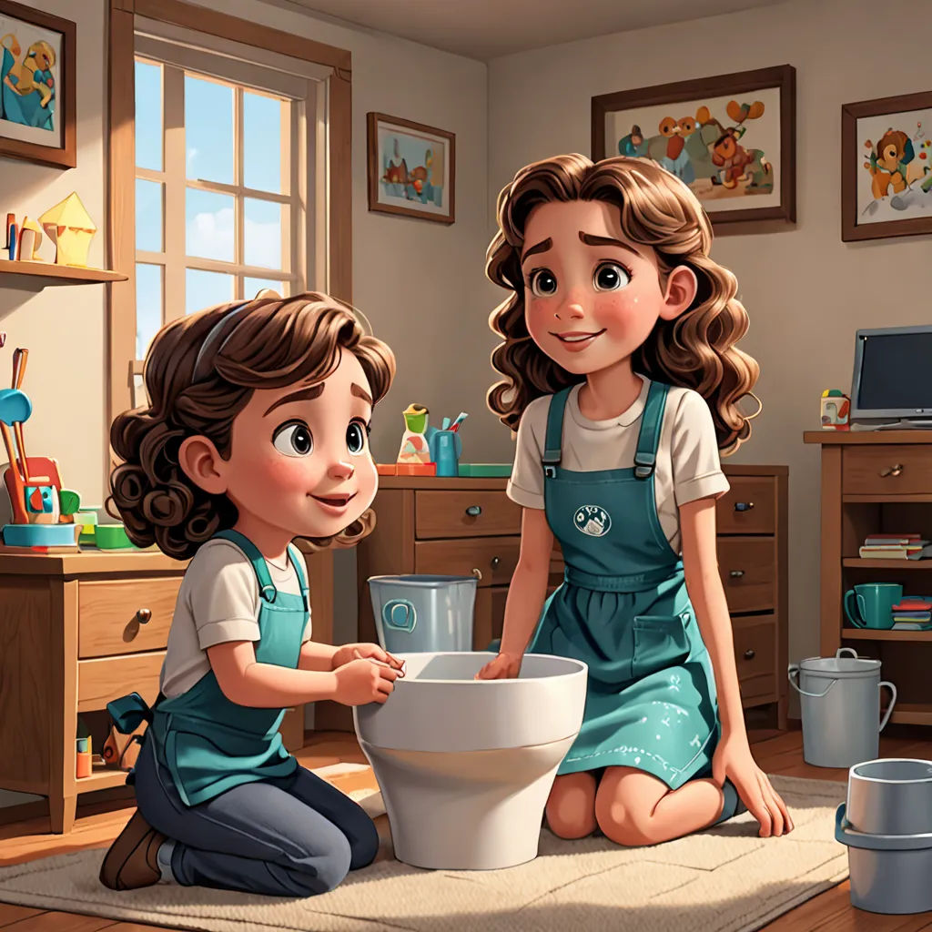 a couple of kids that are sitting on a rug in a room with a toilet and a sink in it, american scene painting, a storybook illustration, Alejandro Burdisio, cgstudio