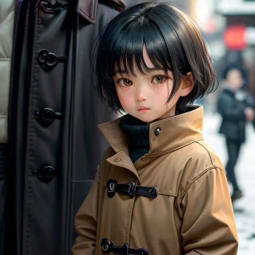 a young girl standing next to a tall coat on a street corner with people walking by and a man in a black coat