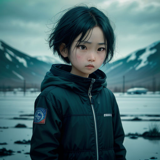 a young girl with black hair and a green jacket standing in front of a mountain range with snow on it