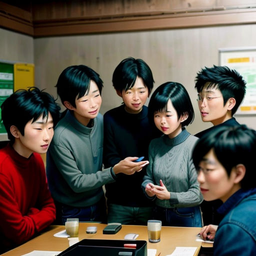 a group of asian people standing around a table looking at a cell phone together in a room with a wooden table