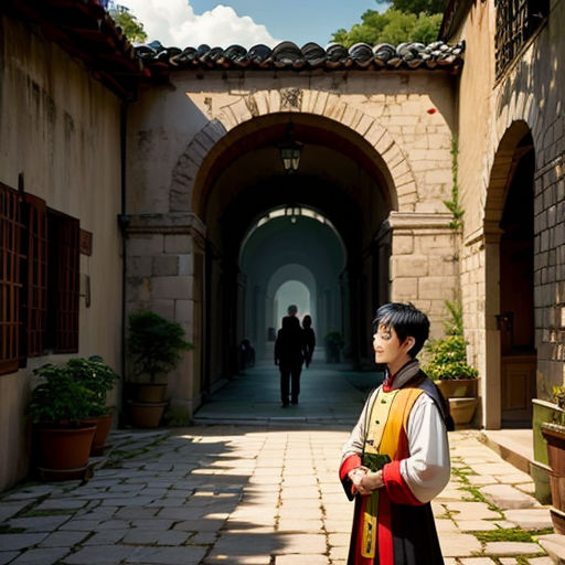 a man standing in a tunnel between two buildings with a man walking down the middle of the tunnel behind him