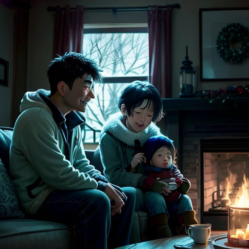 a family sitting in front of a fireplace with a lit candle in front of them and a christmas tree in the background