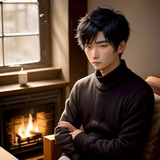 a man sitting in a chair next to a fire place in a living room with a window and a fire place