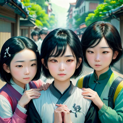 three asian women standing next to each other in front of a building with trees and buildings in the background