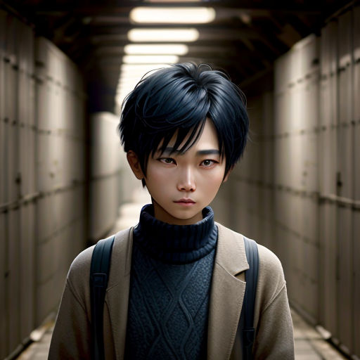 a man with a backpack standing in a hallway with lockers behind him and looking at the camera with a serious look on his face