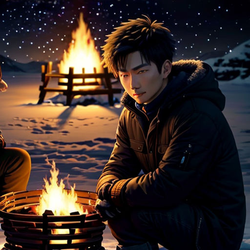 two people sitting in front of a fire pit in the snow at night with a bench in the background