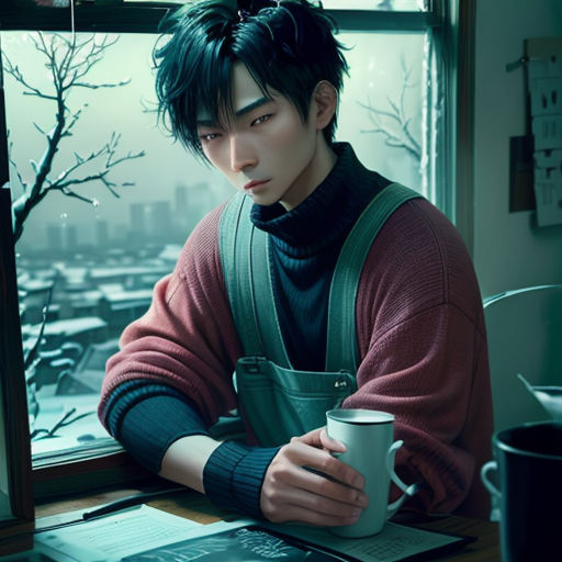 a man sitting at a desk with a cup of coffee in his hand and looking out the window at the city